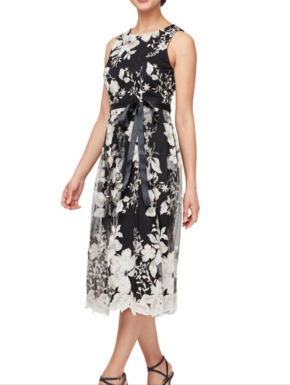 Alex Evening Scoop-Neck Belted Sleeveless Dress Black & Champagne  Embroidery